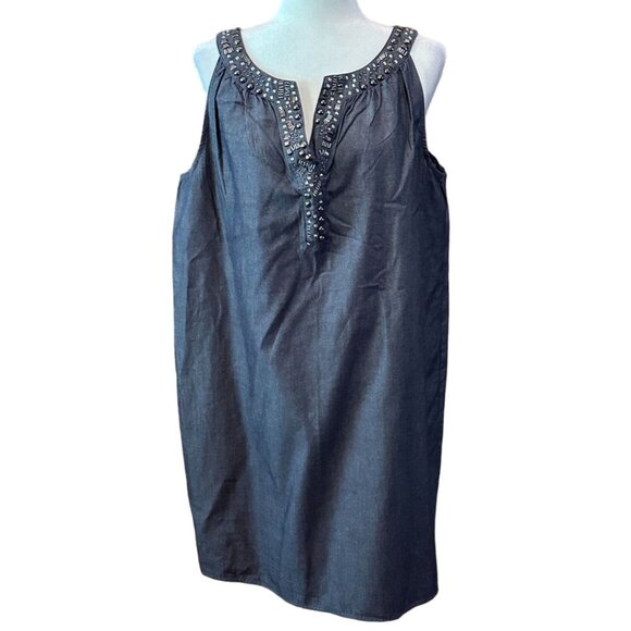 Mark. XL Embellished Denim Tunic Top With Beaded Neckline & Sleeveless Design - Picture 1 of 9
